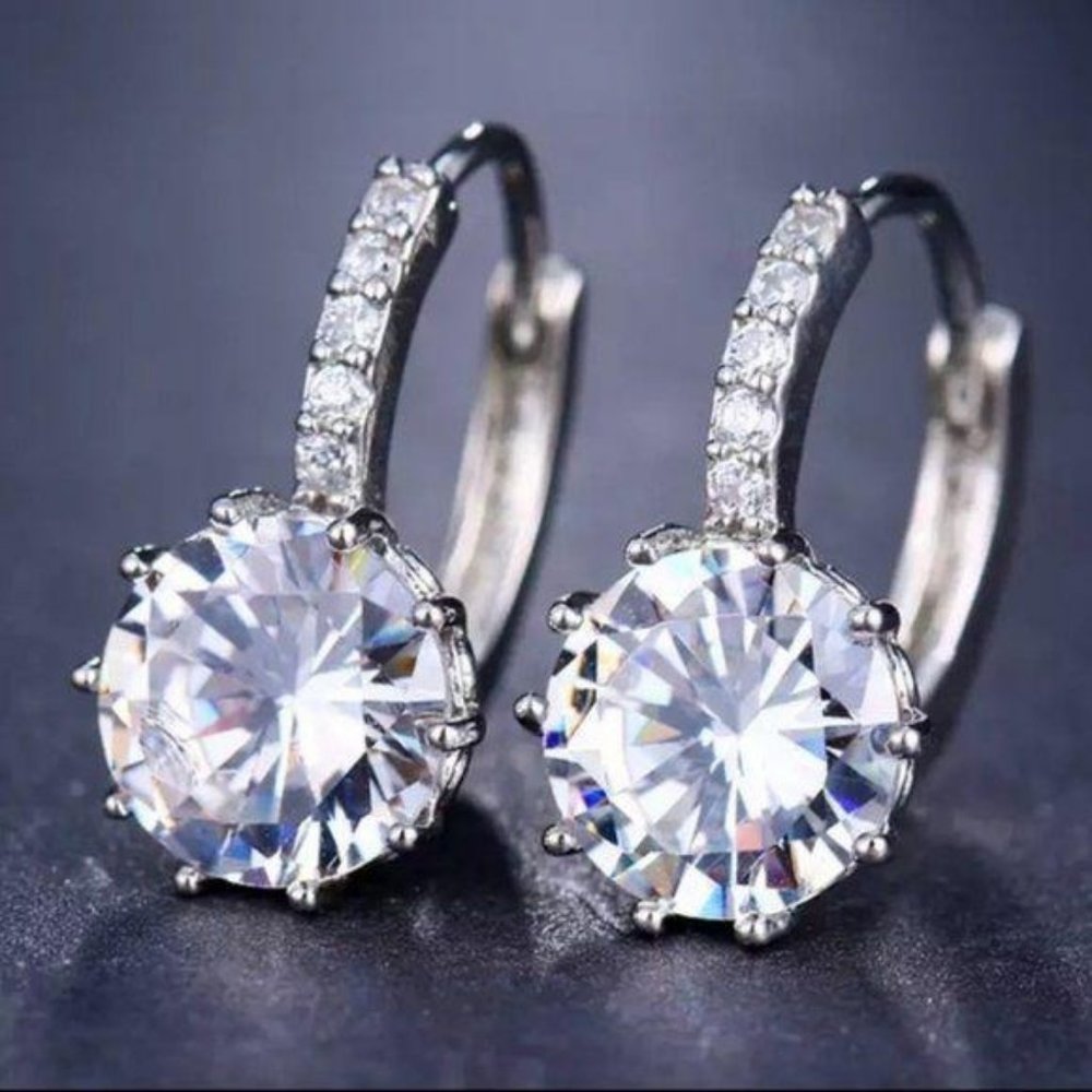 NEW 8CT Solitaire Diamond 925 Silver Hoop Earrings - Picture 1 of 5